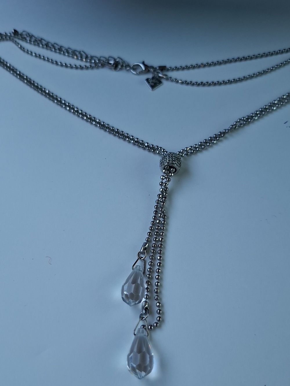 Cookie Lee Vintage Silver Layered Drop Lariat Clear Crystal Necklace